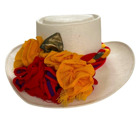 Womens Handcrafted White Hat With Vibrant Yellow & Red Floral Accents Festival